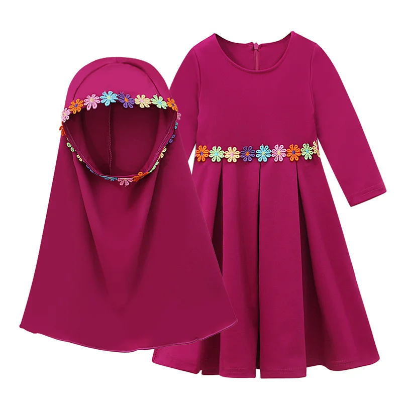 Kids Embroideries Dress Girls Princess Casual Vestidos Children Spring Autumn Gown Baby Long-sleeved Clothes And Headscarf 2Pcs