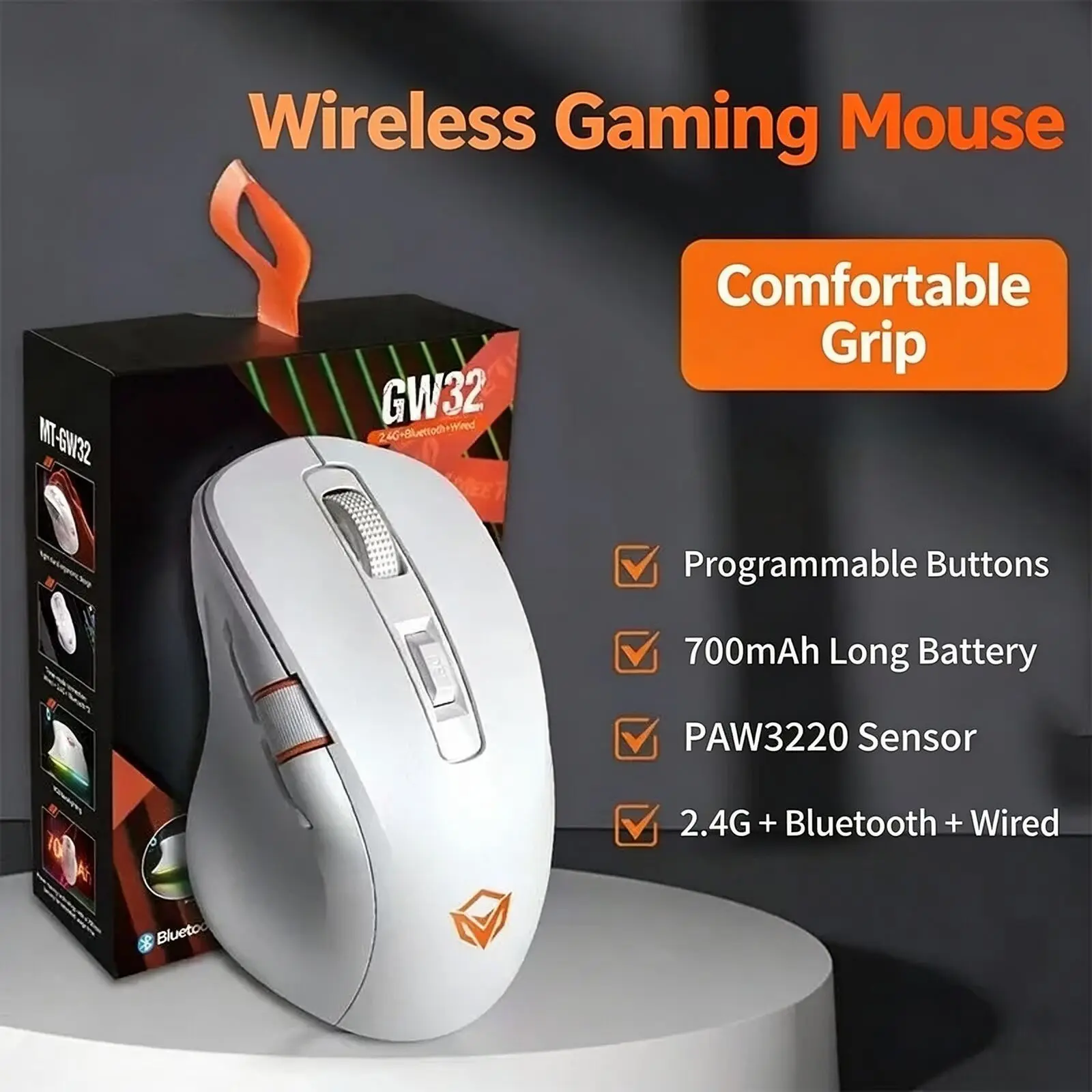 Tri Mode Gaming Mouse 8000DPI 700mAh Battery RGB Backlit 7 Programmable Buttons Dual Scroll Wheel Ergonomic Lightweight Mice