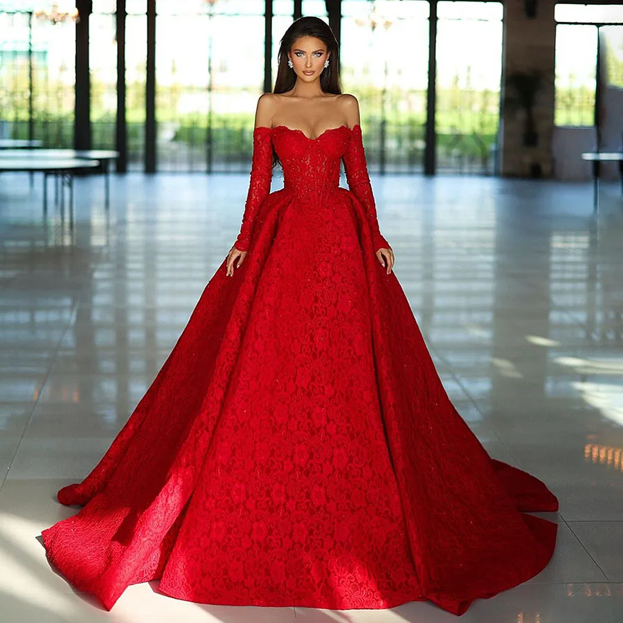 Red Elegant Sweetheart Sleeveless Prom Dress Long Sleeve Lace Flower Evening Party Gown Ball Gown Wedding Dress Vestidos De Gala