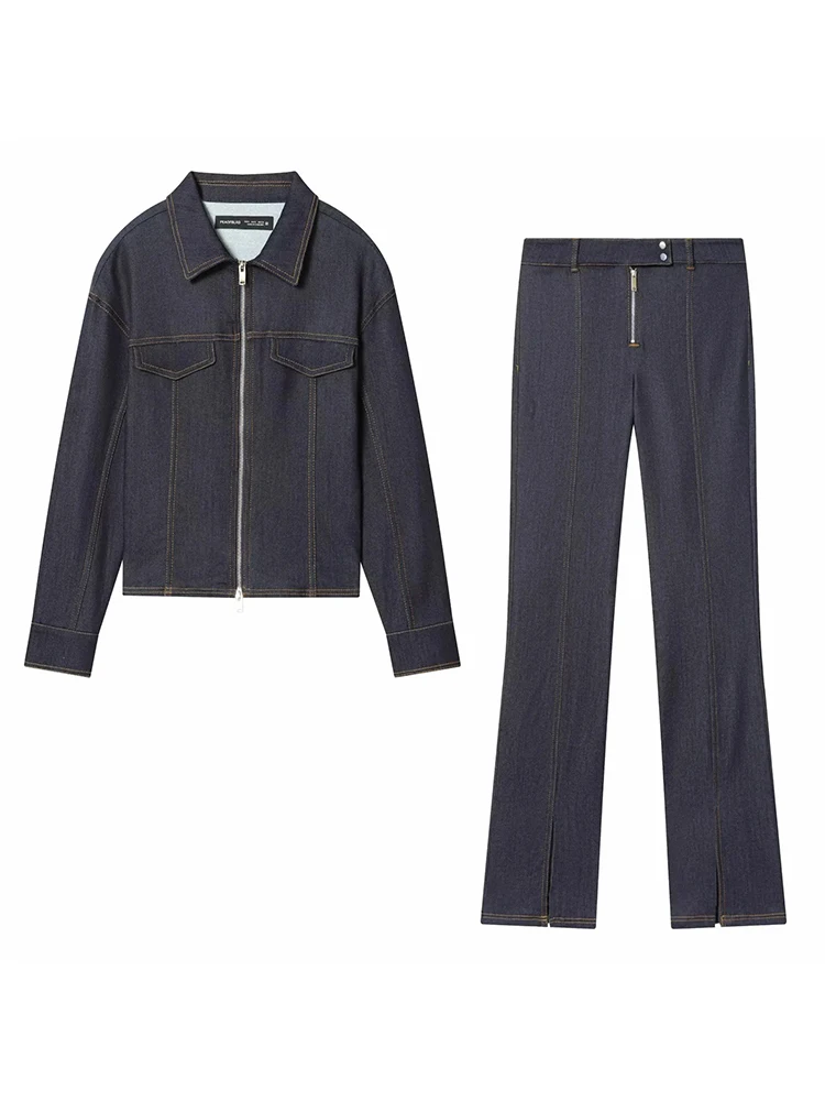 

Women Denim Two-piece Set for Women Fashion Autumn Winter New Solid Slim Pocket Long Sleeved Zip Jacket Mid Waist Jeans Pants