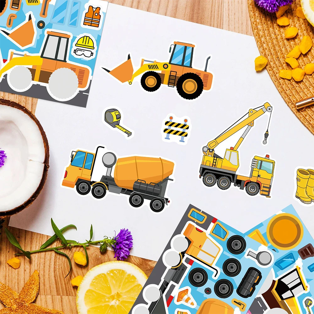 8/16 시트 엔지니어링 차량 퍼즐 스티커 트럭 얼굴 만들기 어린이 DIY 조립 퍼즐 데칼 재미 있은 장난감 파티 게임 선물