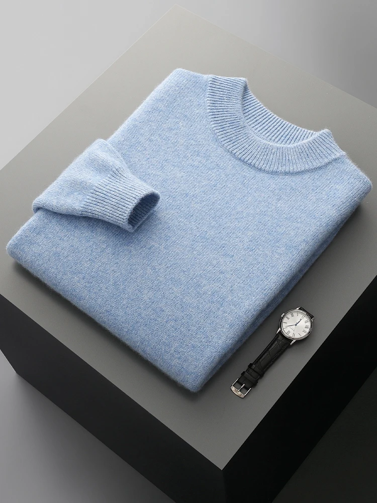 Autumn Winter Men's 100% Merino Wool Knitted Mock Neck Sweater Pullover Simplicity Solid Cashmere Casual Thick Male Clothing Top