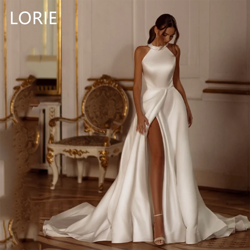 

LORIE A-line Elegant Satin Side Split Wedding Dress Back Bow Sleeveless Bridal Gowns vestidos de novia Halter Customized 2025