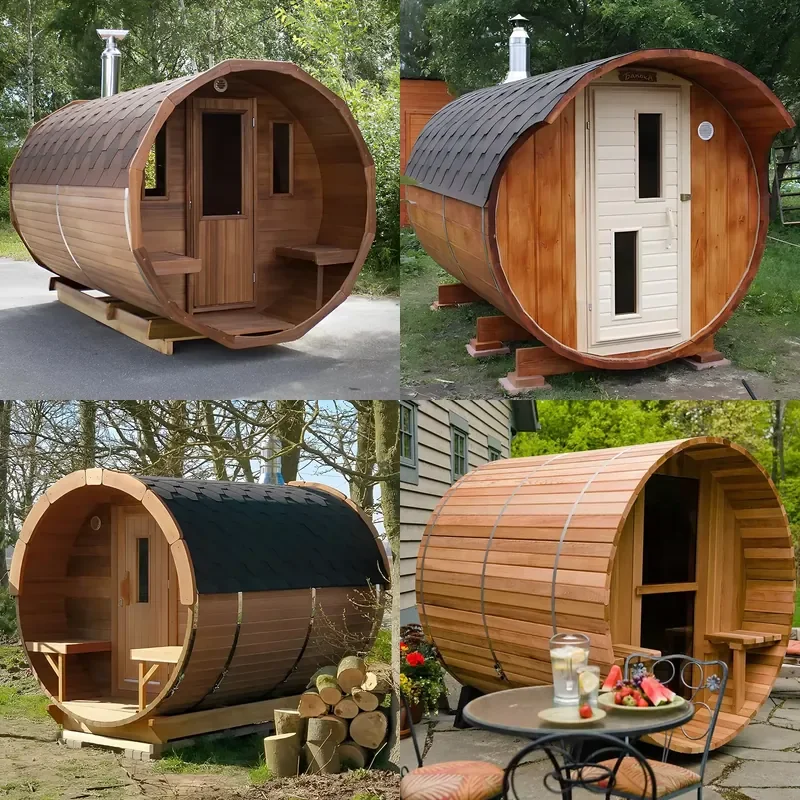 Red Cedar Steam Sauna Room Outdoor Barrel Sauna with Panoramic Window Wood Fired Hot Tub Spa for Garden Backyard Wellness