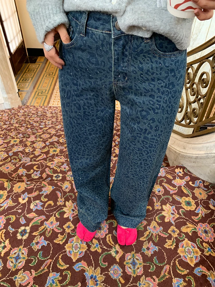 

Trendy Floral Print Loose Wide Leg Jeans Women's Autumn Winter High Waist Denim Pants Comfortable Fit Small Stature