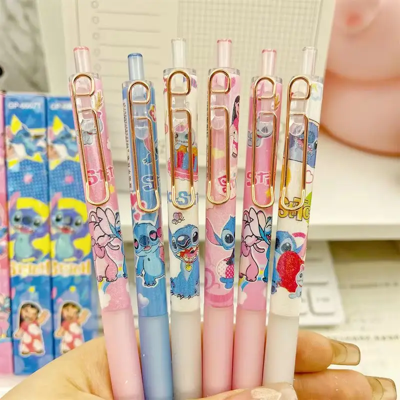 Disney 12/36pcs Lilo And Stitch 0.5mm Black Press Pen Gel Pen Cartoon Metal Pen Clip Press Signature Pen Student Stationery Gift