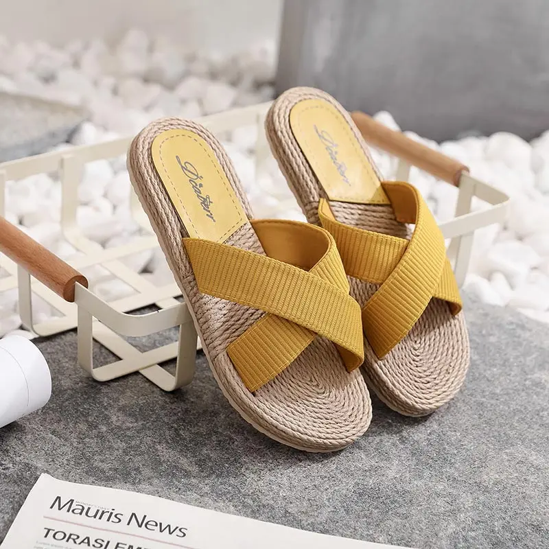 Fashion Beach Faux Cane Slippers Women Flat Heel Outdoor Summer Slides Canvas Sewing Cross Strap Ladies Shoes Female Sandals