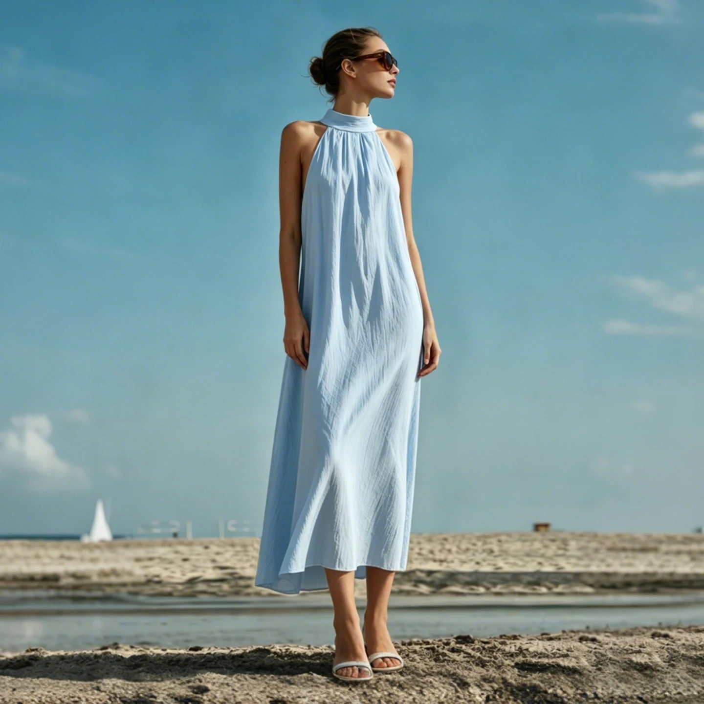 Women's Sleeveless Lapel A-Line Dress with Back Buttons