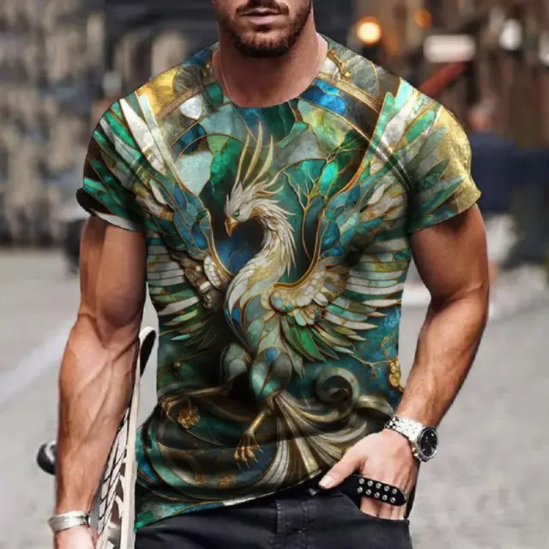 Streetwear crew neck men's shirt emerald green animal print handsome men's short sleeve tops casual and comfortable men's wear