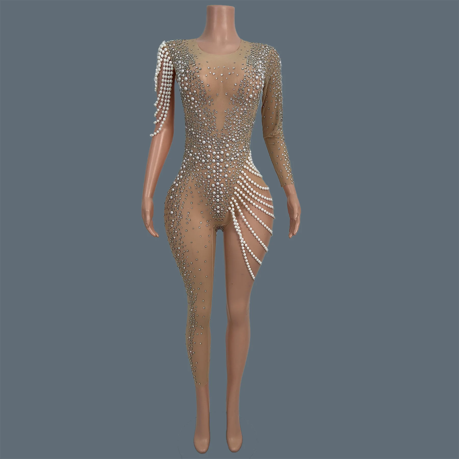 Sparkly Crystals Tight Fitting Asymmetrical Pearls Jumpsuit Carnival Club Party Drag Queen Performer Sexy Sheer Mesh Wear Jiezhi