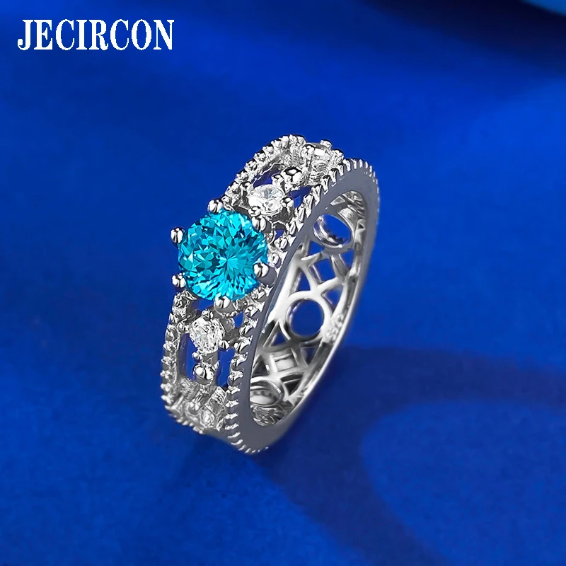 

JECIRCON S925 Sterling Silver Jewelry Everyday Light Luxury 1 Carat Ocean Blue High Carbon Diamond Fireworks Cut Ring for Women