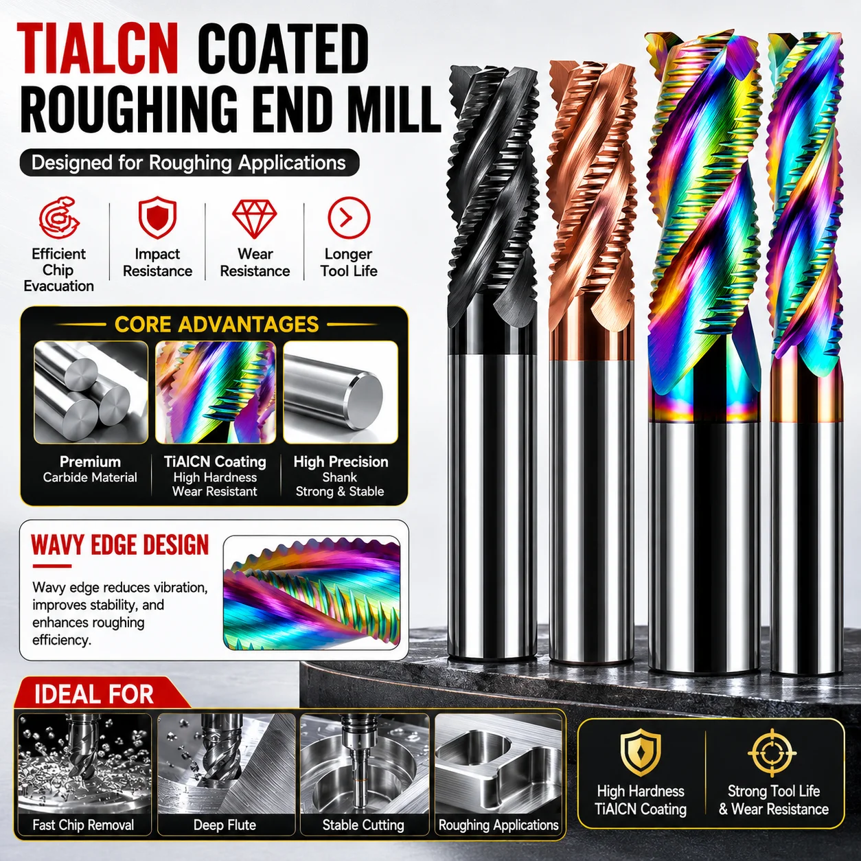 HRC60 Carbide Roughing End Mill 3/4 Flute Nano Coated Wave Blade CNC Milling Cutter for Aluminum Steel Acrylic Machining