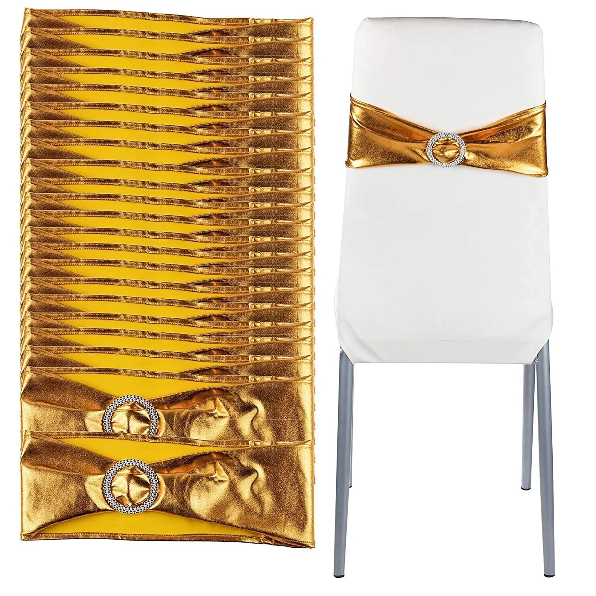 20/10/5 Pieces of Gold Spandex Chair Sashes - High-Quality Elastic Bows with Buckle Sliders, Universal Elastic Chair Sashes for Wedding Party Banquet Decoration