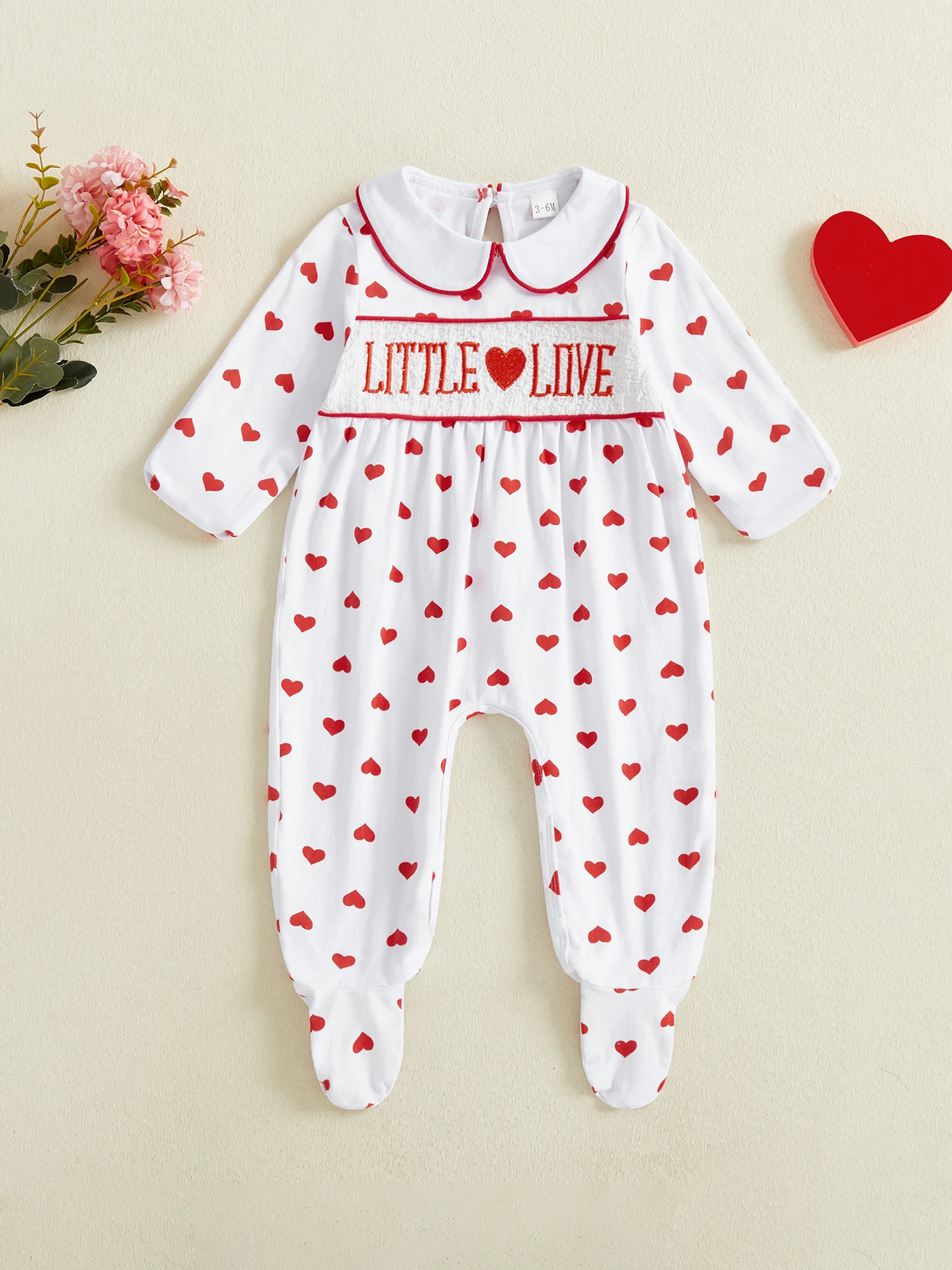 

Комбинезон для маленьких девочек в форме сердца с рюшами на воротнике, длинными рукавами и аппликацией в виде сердца и дизайном ног на День святого Валентина