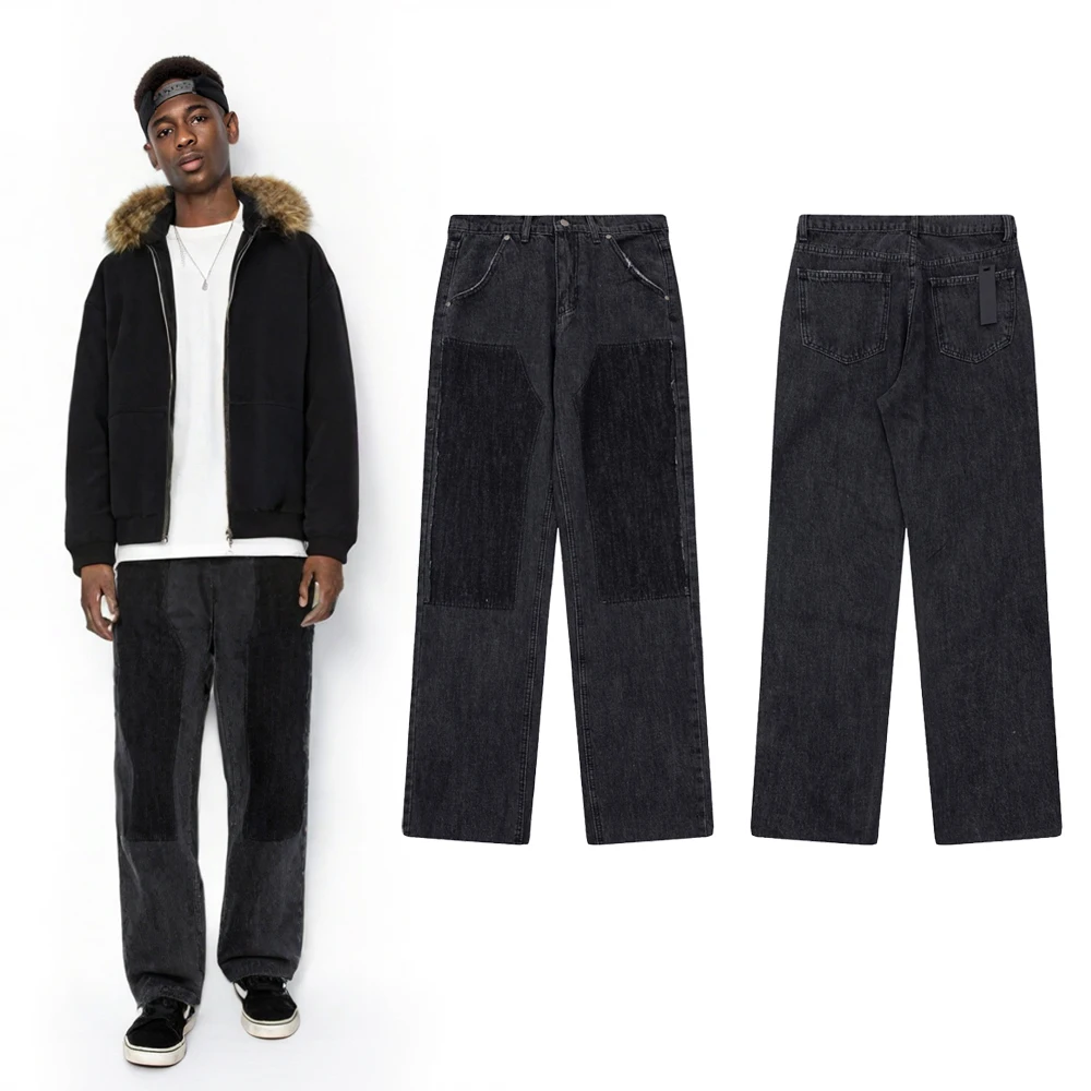

Streetwear Loose Straight Jeans with Patch Work Baggy Pants Hiphop Street Style Cotton Casual Distressed Retro Black Jeans Men's