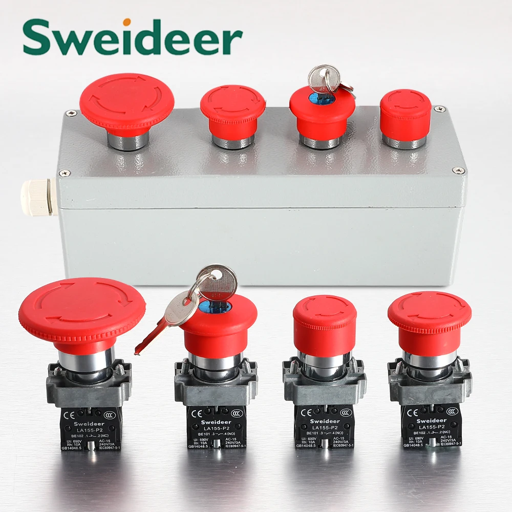 22Mm Paddestoel Noodstop Schakelaar XB2-BS542 BS442 BS642 BS142 10A Sleutel Noodstop Knop Schakelaar Starter Switch