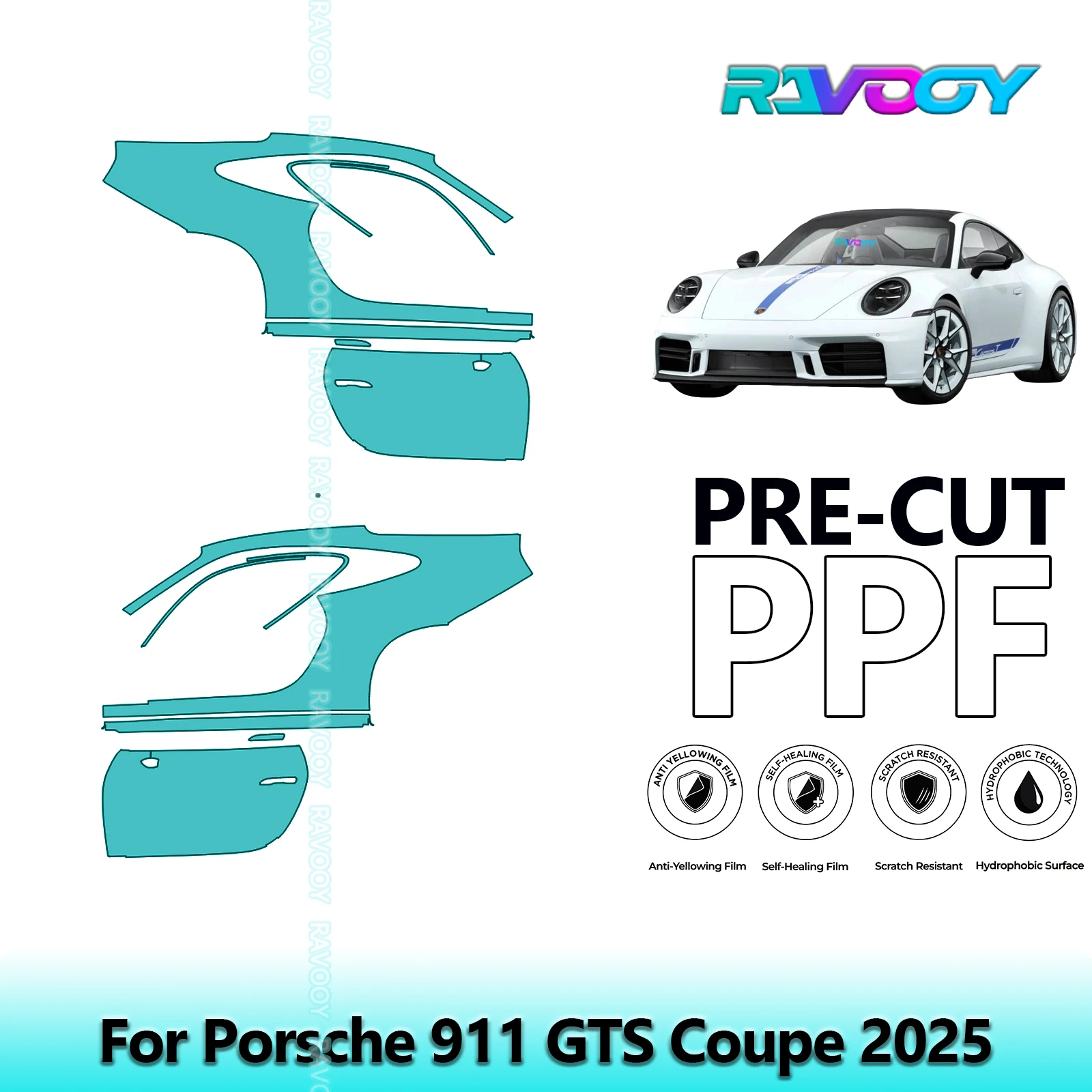 

For Porsche 911 GTS Coupe 2025 8.5mil Clear Matte Pre-Cut PPF Door & A/B Pillar Kit TPU Paint Protection Film Set