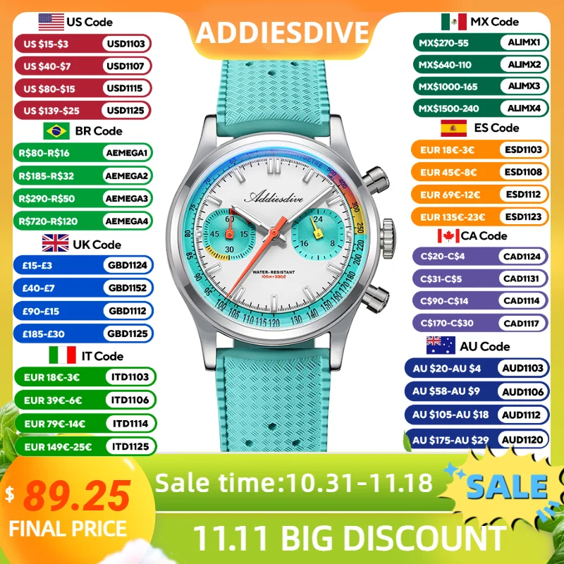 ADDIESDIVE Luxury VK64 Chronograph Wristwatch 38mm Domed Glass Quartz Watches BGW9 Luminous Waterproof 10Bar Retro Men's Watch