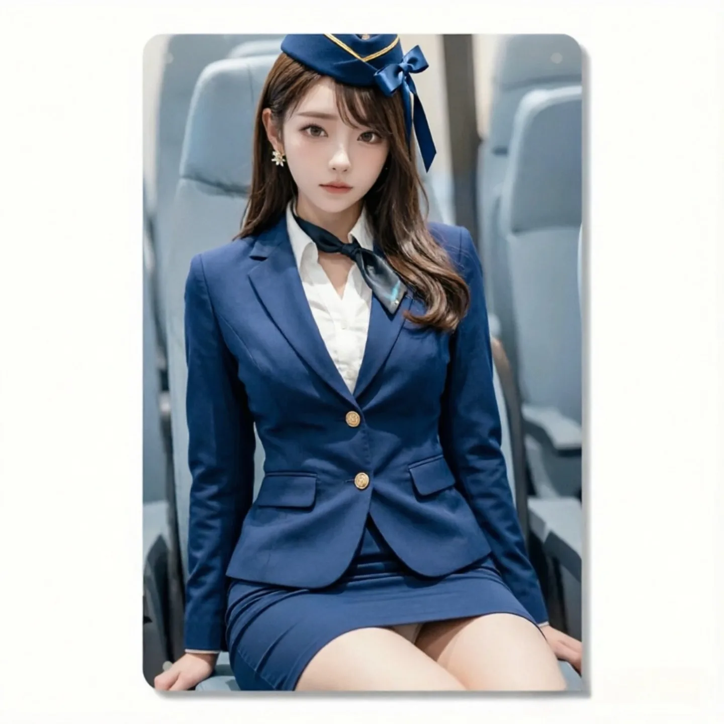 Vintage Blue Uniform Stewardess Tin Sign - Pretty Asian Air Hostess Retro Metal Poster - Flight Attendant Wall Decor Gift