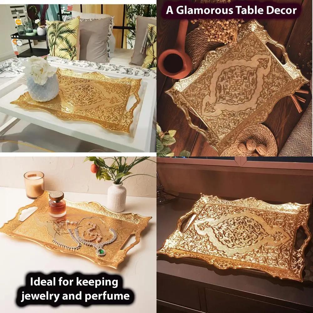 

Elegant Brass Moroccan Tea Serving Tray with Handles for Home Decor, Parties, and Outdoor Use