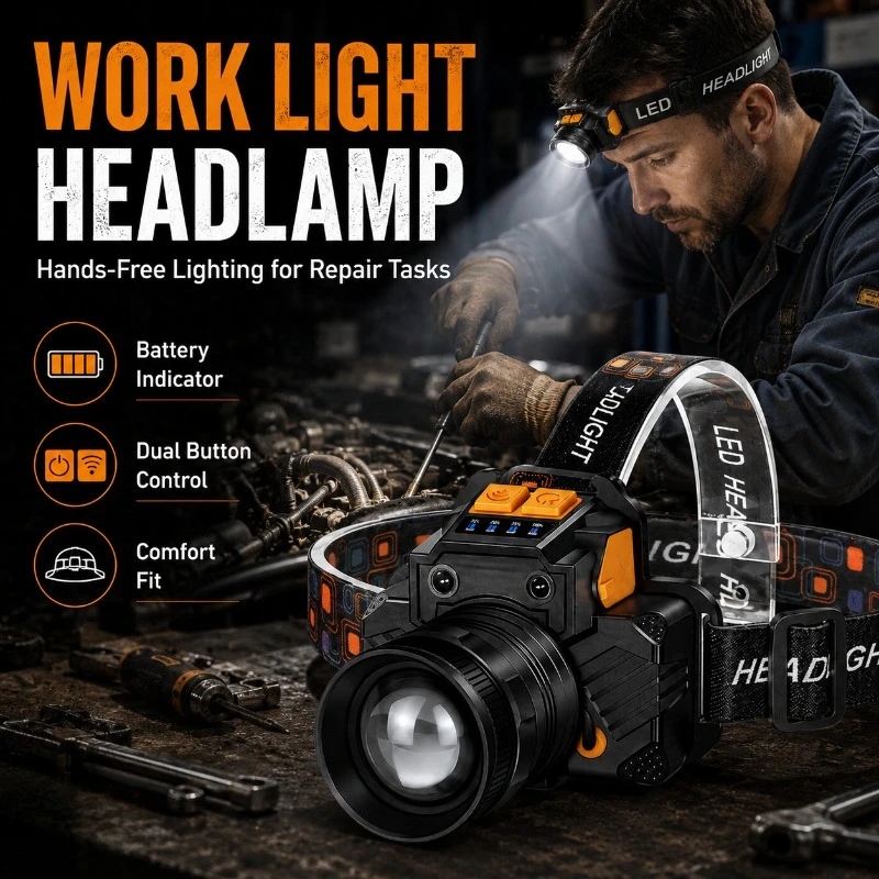 Rechargeable Powerful LED Headlamp with Telescopic Zoomable Headlight - Outdoor Waterproof High Lumen Work Head Light Torch