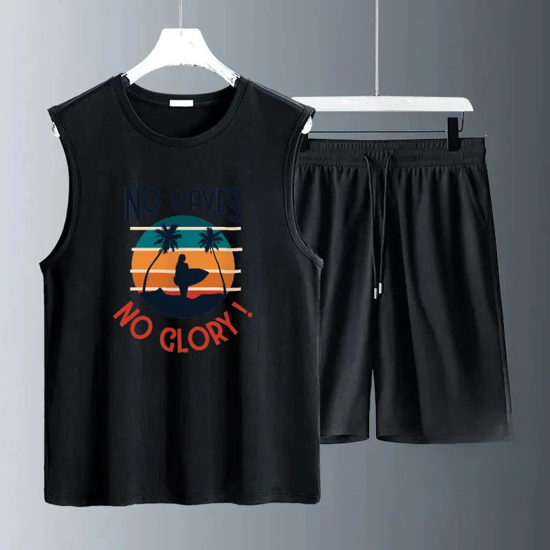 

Men's Summer Casual Sets Sleeveless Daily Wear Lonely Beach Print suit Comfortable Fashionable Sports T-shirts+shorts Outfit set