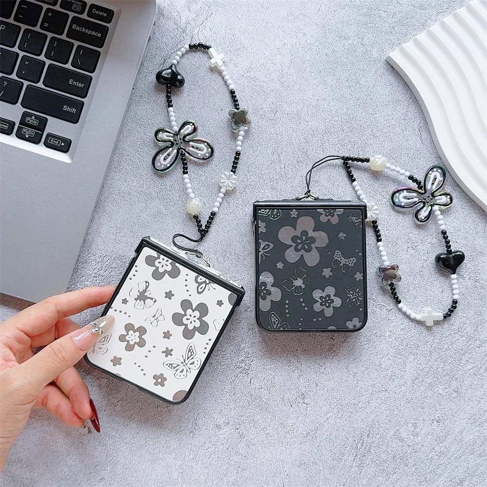 Butterfly Love Flower PU Leather Cover with Heart Pearl Wrist Chain Strap Bracelet For Samsung Galaxy Z Flip 6 5 4 3 Phone Case