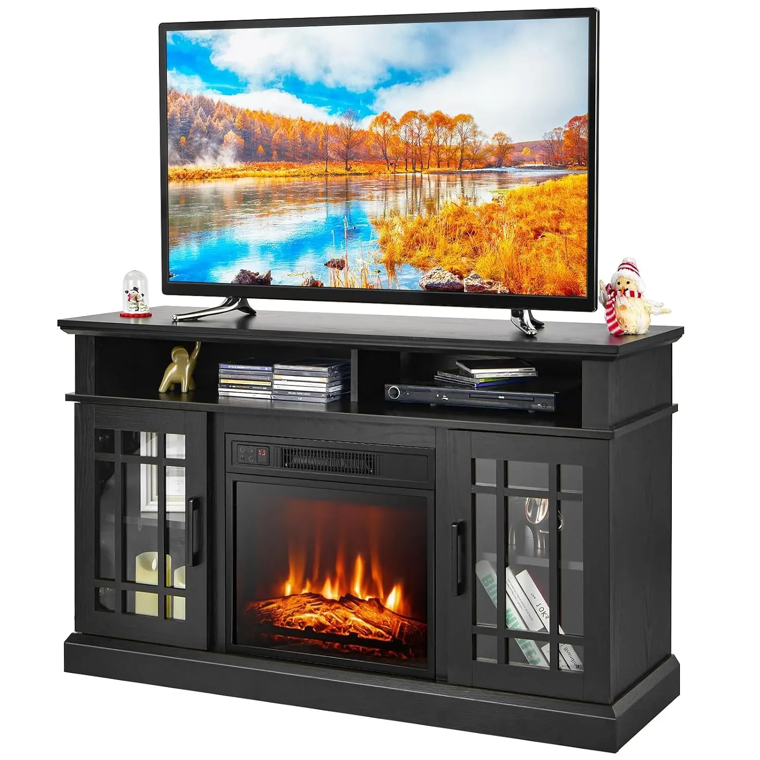 Electric Fireplace TV Stand 55 Inch TV Console 18 Inch Heater Remote Adjustable Shelves Entertainment Center Black, Customized