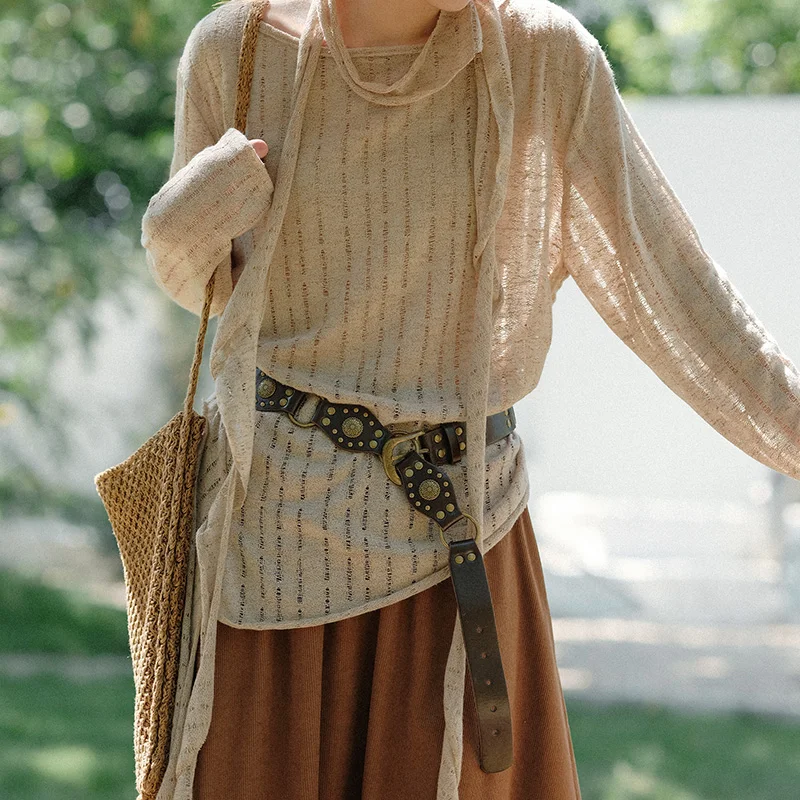 

Bohemian Western Cowboy Brown Rivet Belt Women's Fashionable Versatile Leather Belt Classic American Retro Style Holiday