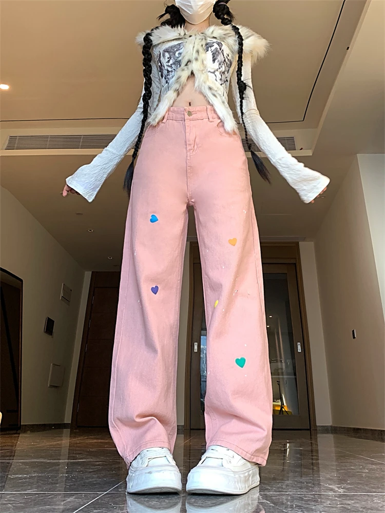 Calças femininas coloridas em forma de coração bordado rosa legal menina casual bottoms calças femininas cintura alta calças largas perna