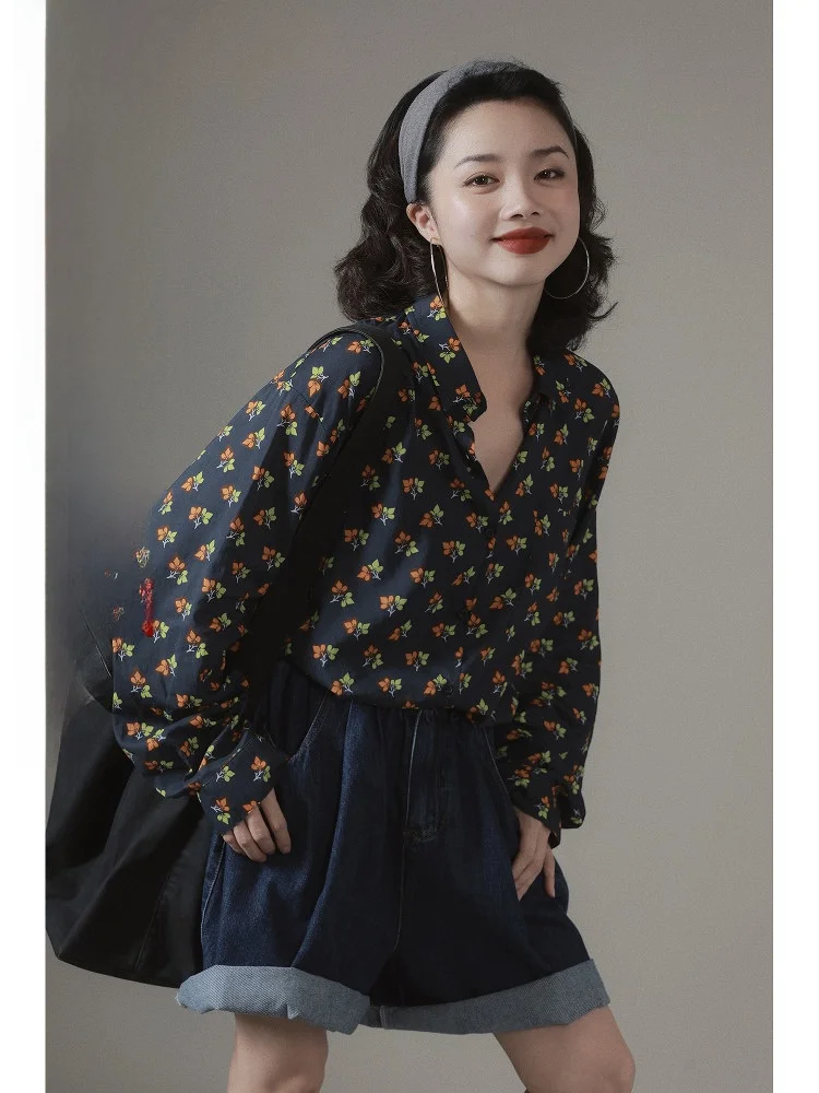 

Ivy Yang Floral Print Loose Fit irt Single Button Casual Sle Long Sve Cotton Blend Summer Top for Young Women