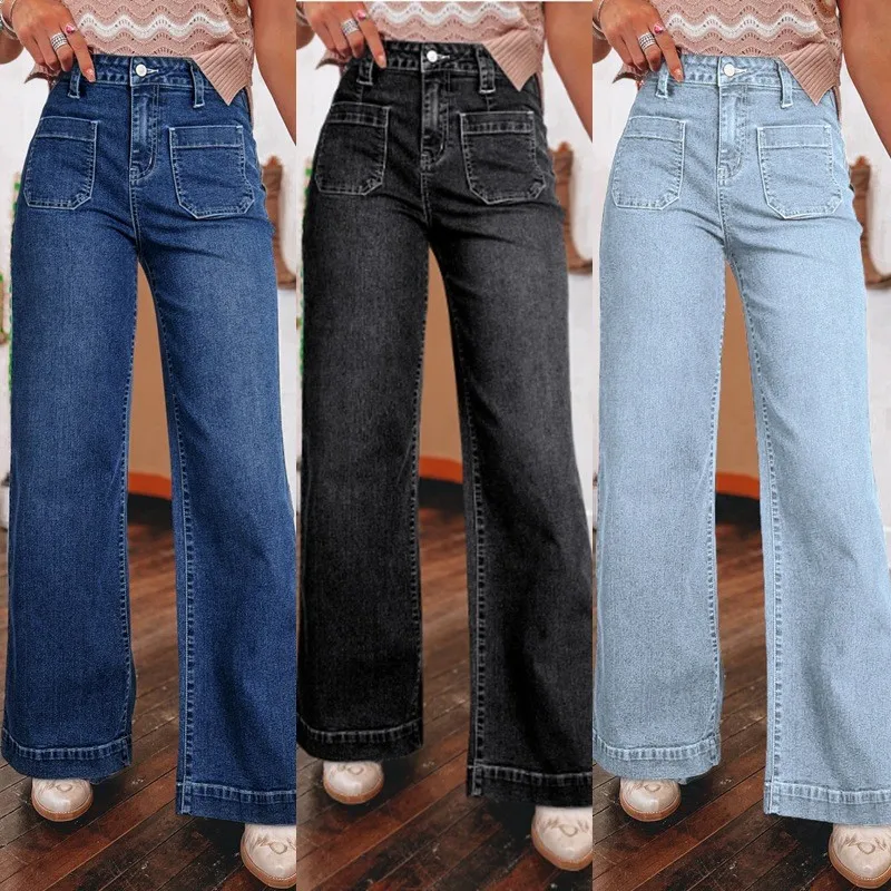 High Waist Straight Leg Pants Casual with Regular Thickness Full Length Patchwork Pocket Detail Jeans Pockets Spring Women Jeans