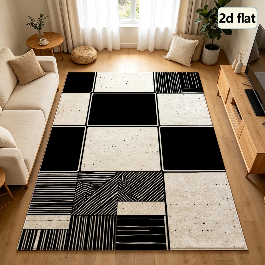 Black White Patchwork Tile Carpet Flooring, Modern Abstract Line Print Area Rug Anti‑Slip Floor Mat for Office Living Room Home Decoration