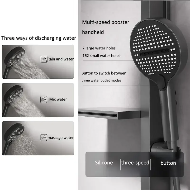 Digital Display Gray Shower Set Piano Keys Bathroom Double-layer Shelf Shower System Pressurization Rain Head Faucet