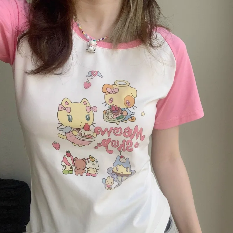 고양이 프린트 핑크 화이트 패치워크 티셔츠 라운드 넥 슬림 숏 티 귀여운 카와이 여름 2024 여성 젊은 캐주얼 반팔 탑