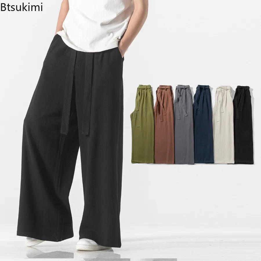 2025 New Chinese Style Men's Cotton Linen Casual Pants Harajuku Vintage Wide Leg Trousers Summer Streetwear Plus Size Men Pants