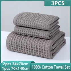 YIANSHU 100% Cotton Bath Towel Set,1 Bath Towels & 2 Hand Towels, Highly Absorbent Soft Quick Dry Waffle Towels (Pack of 3)