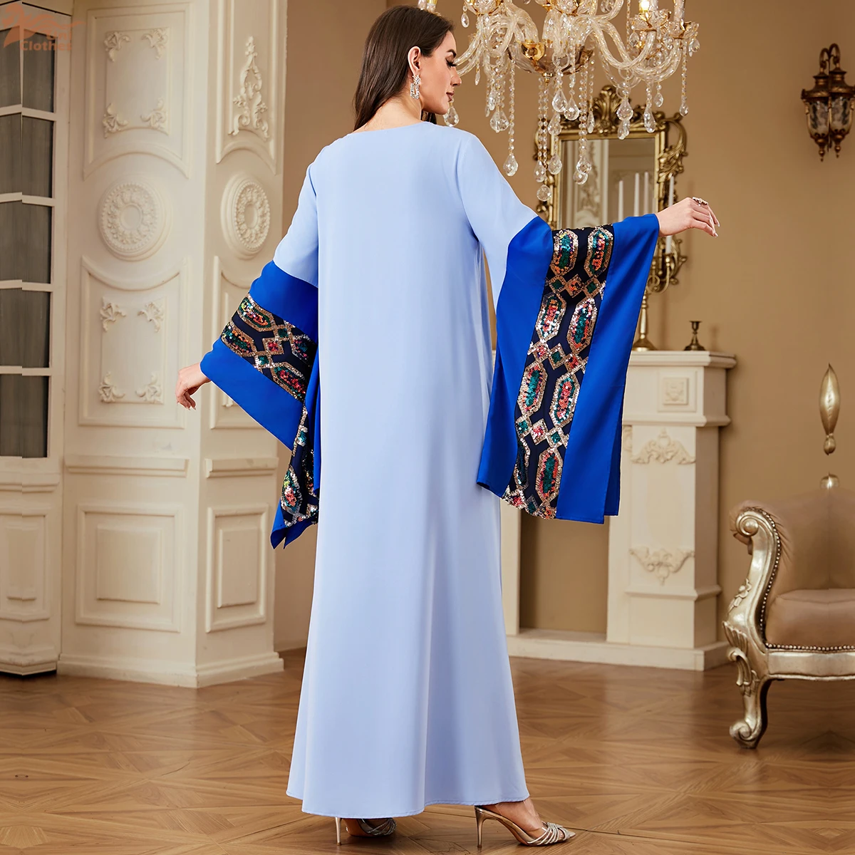 

Uni Ramadan Dubai Sequins Patchwork Batwing Sleeve Maxi Dress For Women Moroccan Gala Elegant Loose Abayas