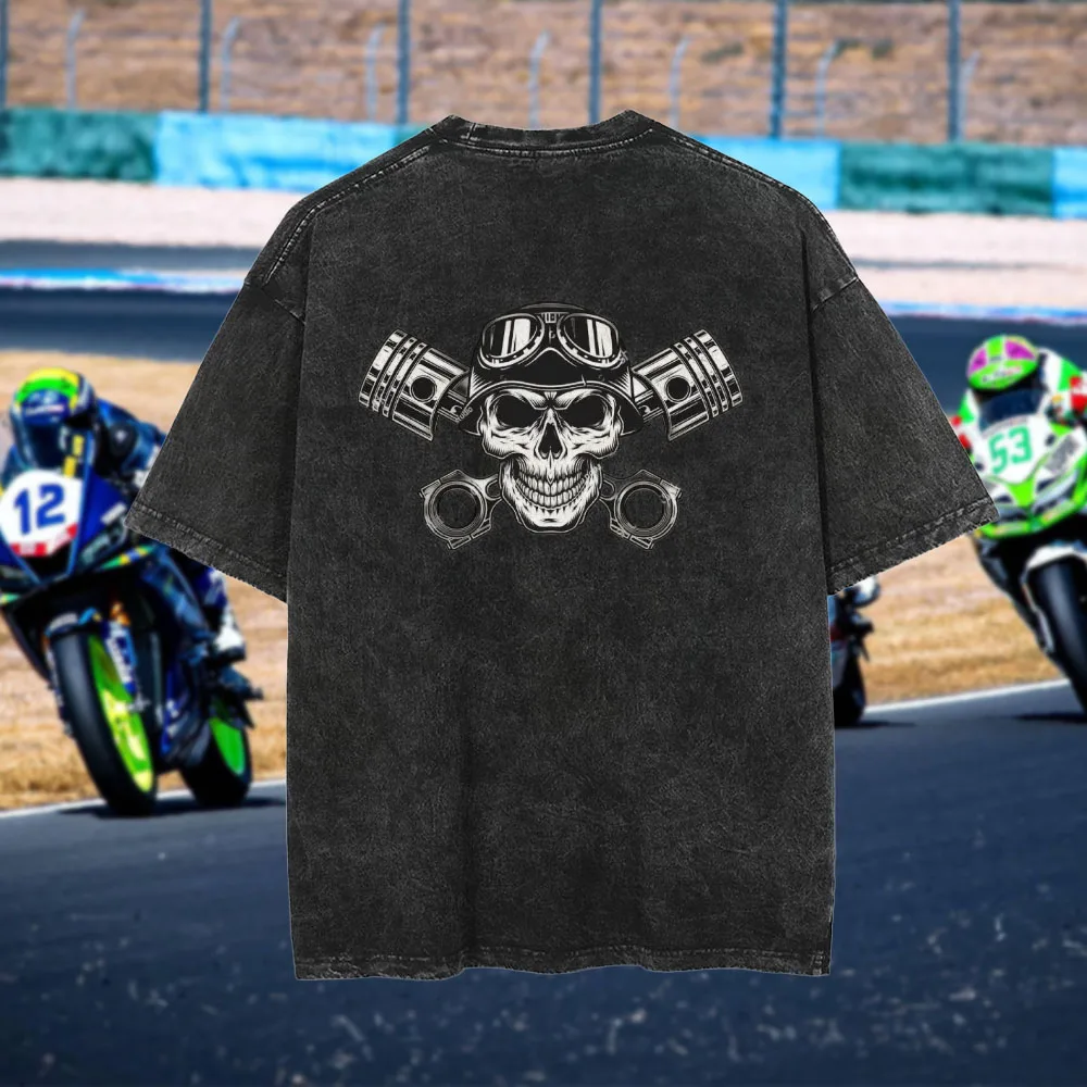 

New Casual Washed Fabric Motorcycle T-Shirt for Men 100% Pure Cotton Breathable Sweat-Absorbent Fashion Round Neck