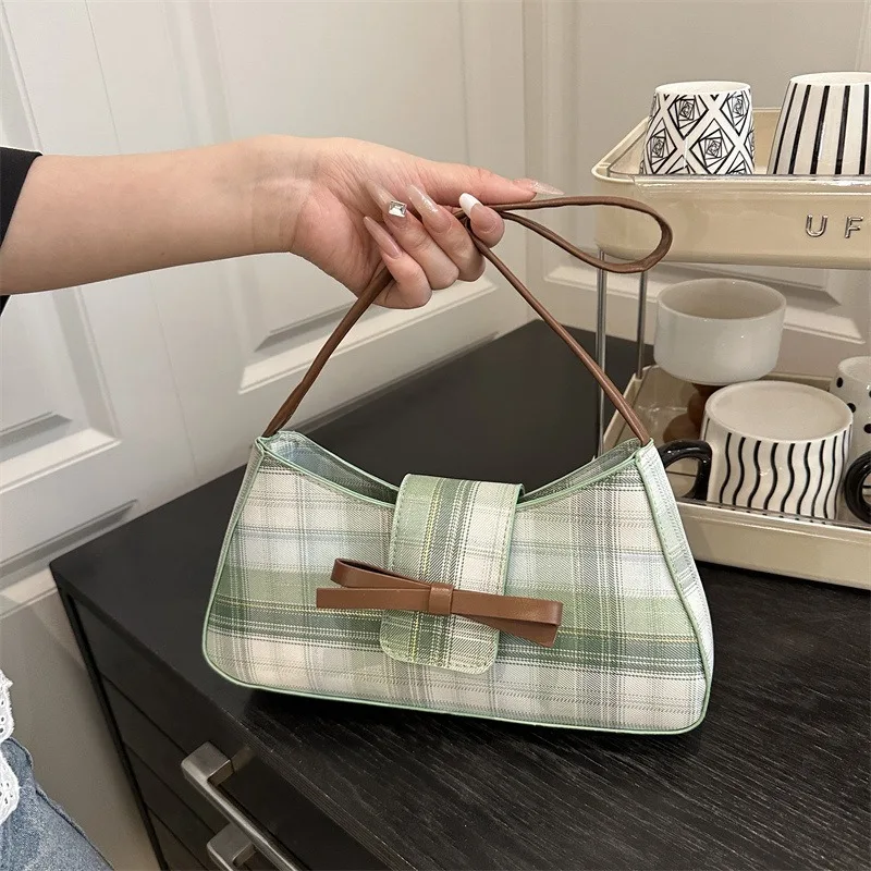 Plaid Shoulder Bag Underarm Green Checkered Bowknot Vintage Y2k Women Fashion Purse Streetwear Daily Shopping Travel