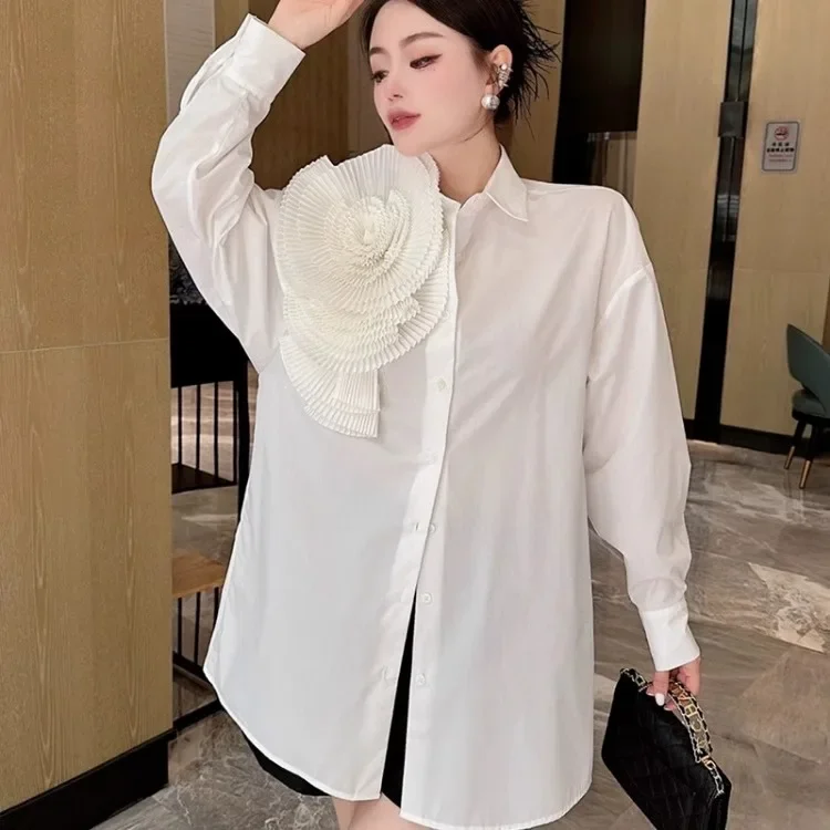 2024 Early Autumn New 3D Flower Blouses Fashion Simple Lapel Neck Blusas Mujer Y2k E-Girl Long Sleeve Loose Shirts Women