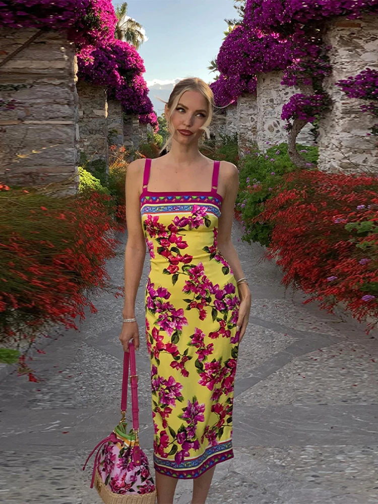 

Pink Flower Print Skinny Sling Dresses Women Fashion Backless Sleeveless Split High Waist Robe 2025 Summer Vacation Streetwear