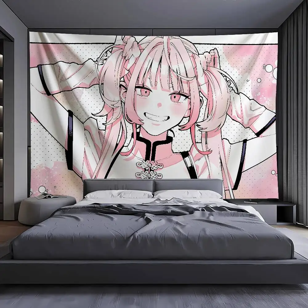 Cute Pink Twin‑Tail Anime Girl Tapestry Manga Line Art Wall Hanging Pastel Aesthetic Bedroom Dorm Background Home Wall Decor