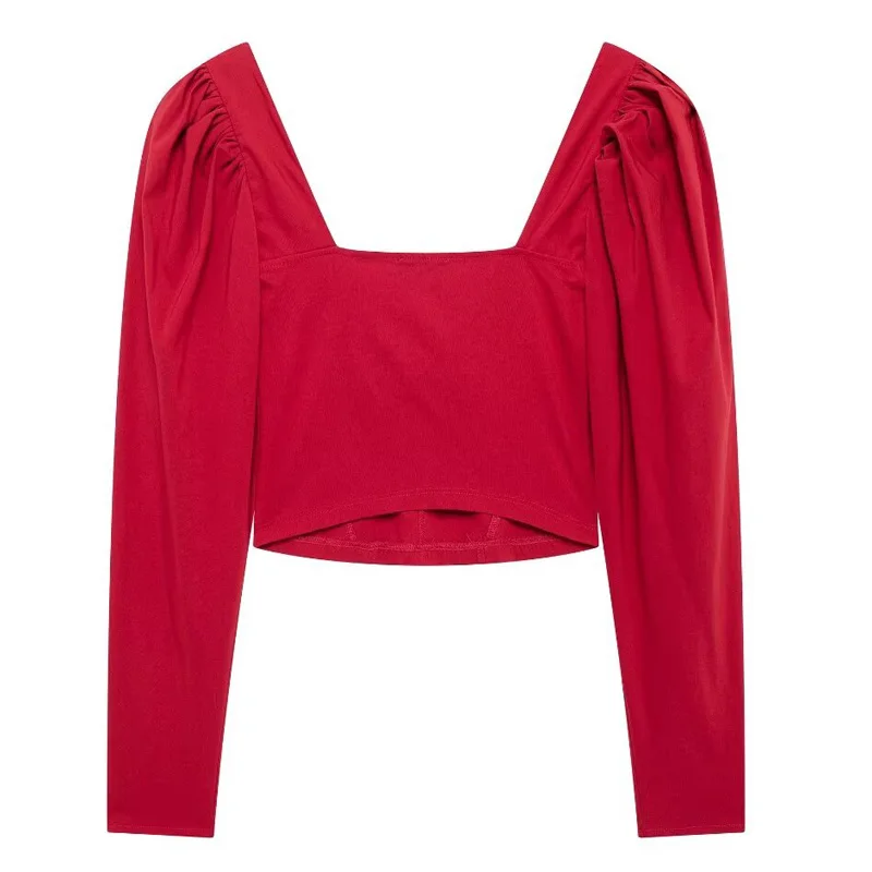 TRAF Red Crop Top Women 2024 Corset Long Sleeve Shirts Summer Shirts & Blouses Backless Shirt Pretty And Elegant Women's Blouses