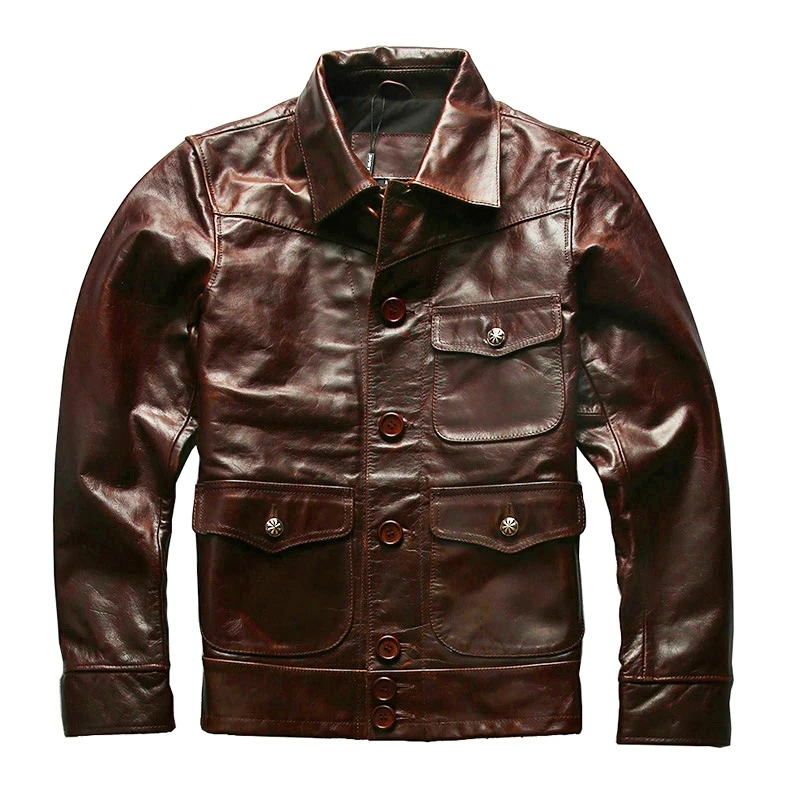 

Dark Brown Autumn Leather Jacket Men Retro Vintage Style Genuine Natural Cowhide Slim Fit Single Breasted Leather Coat