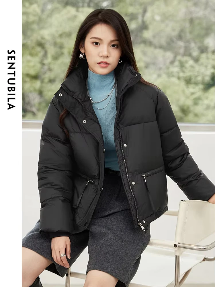 SENTUBILA Winter Fashion Short Padding Jacket Women Cotton Coat 2024 Autumn Stand Collar Classic Parkas Puff Jackets W34M50214