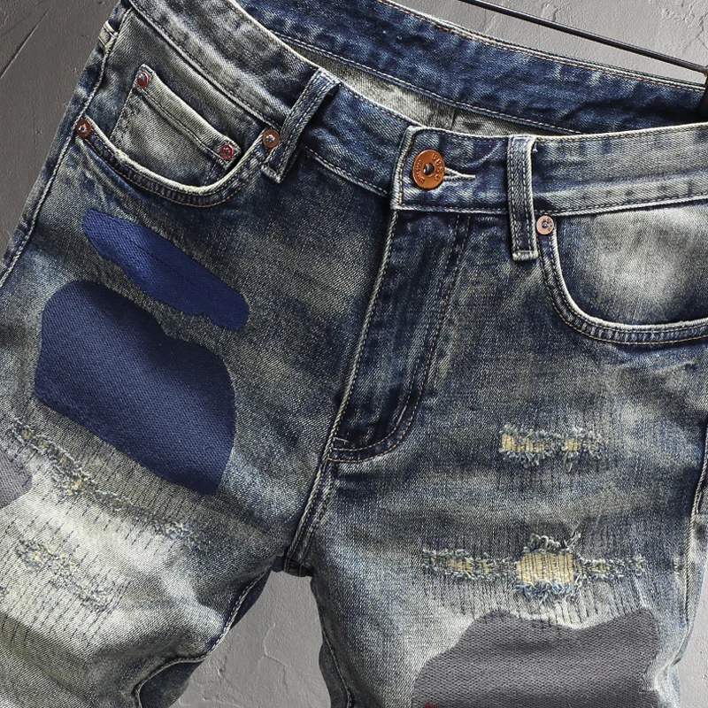 Summer Street Fashion Men Jeans Retro Washed Blue Elastic Ripped Short Jeans Embroidery Patch Designer Hip Hop Denim Shorts Men