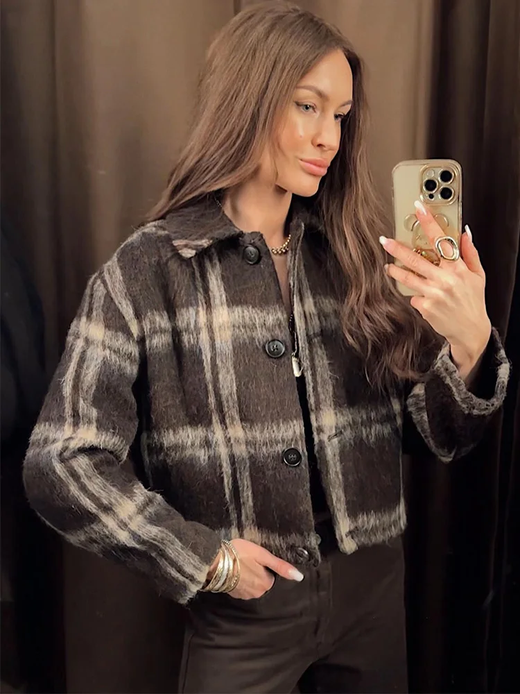 HH Women Loose Turn-down Collar Long Sleeves Single-breasted Plaid Wool Coats Autumn Woman Fashion Pockets Street Short Jacket