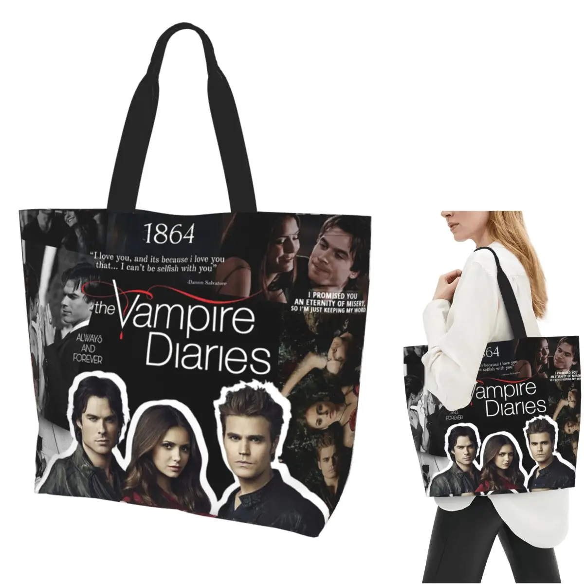 The Vampire Diaries Shopping Tote Bag Canvas Large Capacity Shoulder Bags Shopper Grocery Handbag for Women