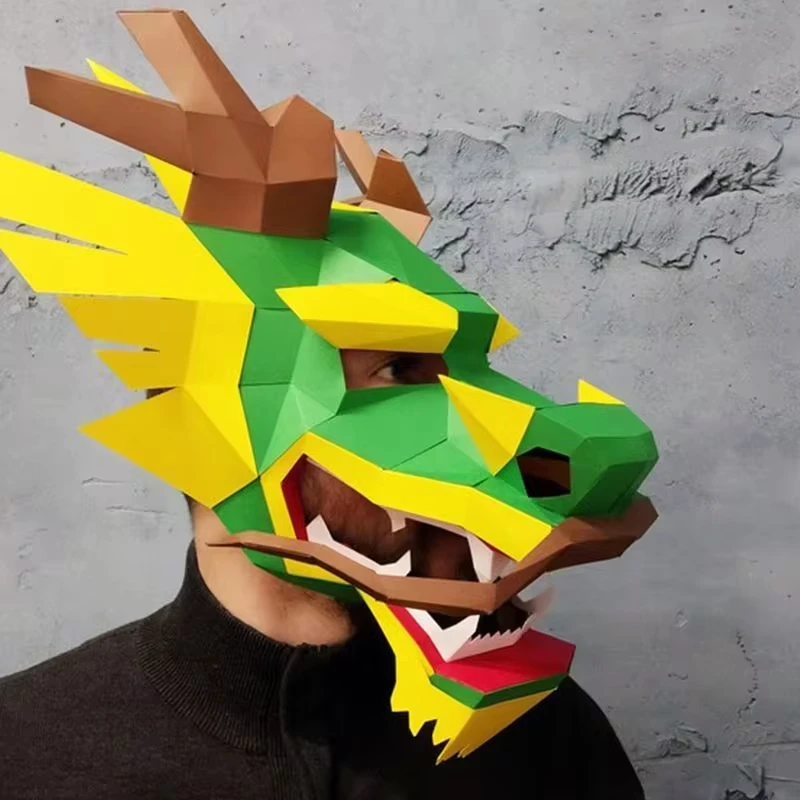 Dragon King Mask Full Face Handmade DIY Paper Model 2024 Dragon Year Lucky, Dominant Wearable Cos Performance Head Set